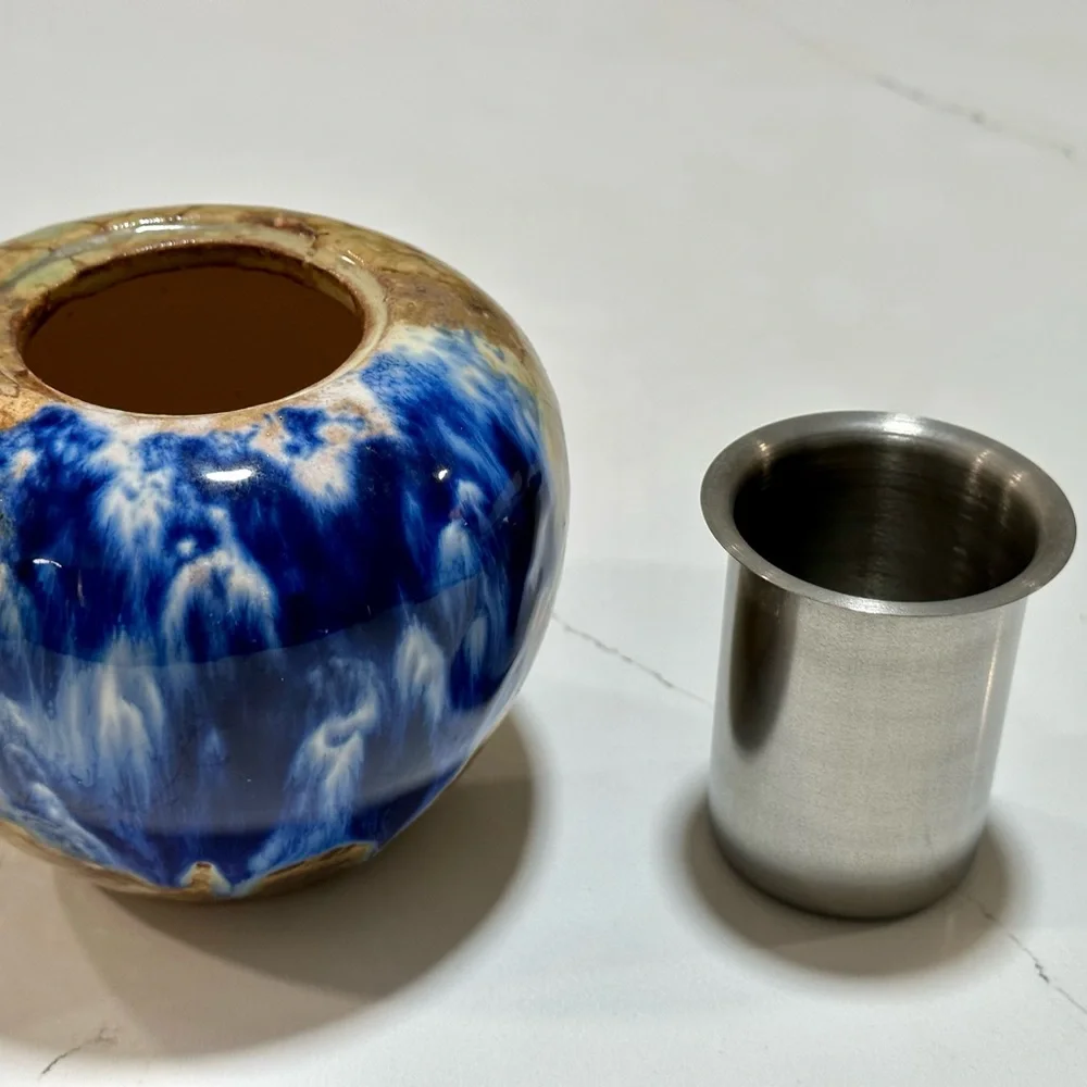 Drip glazed candle holder with metal insert Blue and brown modern candle holder